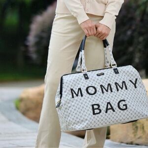 Mommy Bag White Patterned Tote with Black Handles
